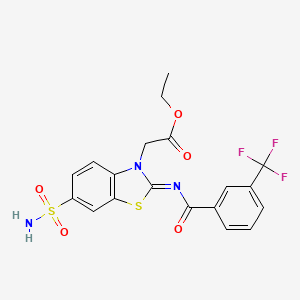 molecular formula C19H16F3N3O5S2 B2687195 (Z)-乙酸-2-(6-磺酰氨基-2-((3-(三氟甲基)苯甲酰)亚亚胺)苯并[d]噻唑-3(2H)-基)乙酸酯 CAS No. 865247-82-1