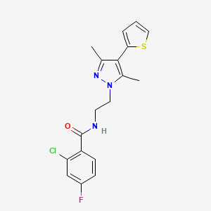 molecular formula C18H17ClFN3OS B2687274 2-氯-N-(2-(3,5-二甲基-4-(噻吩-2-基)-1H-嘧啶-1-基)乙基)-4-氟苯甲酰胺 CAS No. 2034323-60-7