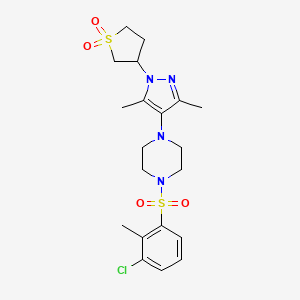 molecular formula C20H27ClN4O4S2 B2687333 3-(4-(4-((3-chloro-2-methylphenyl)sulfonyl)piperazin-1-yl)-3,5-dimethyl-1H-pyrazol-1-yl)tetrahydrothiophene 1,1-dioxide CAS No. 1351595-40-8