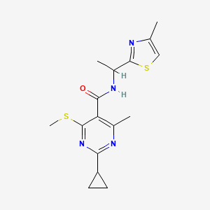 molecular formula C16H20N4OS2 B2687339 2-Cyclopropyl-4-methyl-6-methylsulfanyl-N-[1-(4-methyl-1,3-thiazol-2-yl)ethyl]pyrimidine-5-carboxamide CAS No. 1436072-21-7