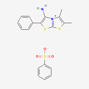 molecular formula C19H18N2O3S3 B2687343 3-Amino-5,6-dimethyl-2-phenylthiazolo[2,3-b]thiazol-4-ium benzenesulfonate CAS No. 483966-79-6