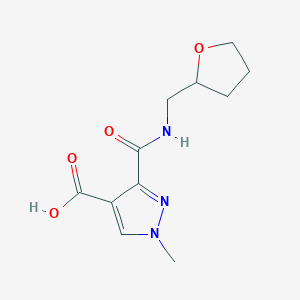 molecular formula C11H15N3O4 B2687354 1-Methyl-3-(((tetrahydrofuran-2-yl)methyl)carbamoyl)-1H-pyrazole-4-carboxylic acid CAS No. 1006440-66-9