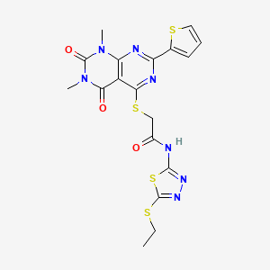 molecular formula C18H17N7O3S4 B2687382 2-((6,8-dimethyl-5,7-dioxo-2-(thiophen-2-yl)-5,6,7,8-tetrahydropyrimido[4,5-d]pyrimidin-4-yl)thio)-N-(5-(ethylthio)-1,3,4-thiadiazol-2-yl)acetamide CAS No. 847192-07-8