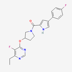 molecular formula C21H20F2N4O2 B2687399 (3-((6-ethyl-5-fluoropyrimidin-4-yl)oxy)pyrrolidin-1-yl)(4-(4-fluorophenyl)-1H-pyrrol-2-yl)methanone CAS No. 2034248-48-9