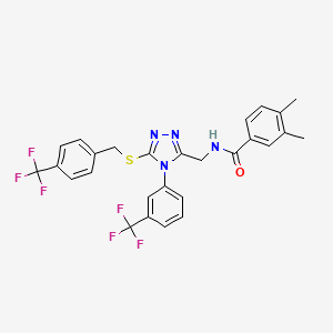 molecular formula C27H22F6N4OS B2687492 3,4-dimethyl-N-[[4-[3-(trifluoromethyl)phenyl]-5-[[4-(trifluoromethyl)phenyl]methylsulfanyl]-1,2,4-triazol-3-yl]methyl]benzamide CAS No. 391940-78-6