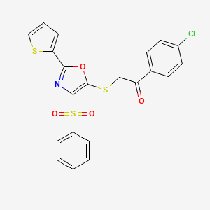 molecular formula C22H16ClNO4S3 B2687493 1-(4-Chlorophenyl)-2-((2-(thiophen-2-yl)-4-tosyloxazol-5-yl)thio)ethanone CAS No. 850927-75-2
