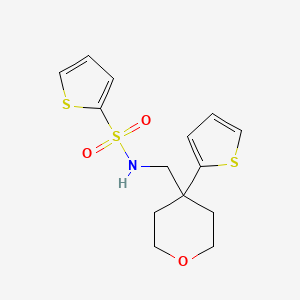 molecular formula C14H17NO3S3 B2687635 N-((4-(thiophen-2-yl)tetrahydro-2H-pyran-4-yl)methyl)thiophene-2-sulfonamide CAS No. 1203206-40-9