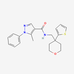 molecular formula C21H23N3O2S B2687639 5-甲基-1-苯基-N-((4-(噻吩-2-基)四氢-2H-吡喃-4-基)甲基)-1H-吡唑-4-羧酰胺 CAS No. 1324706-90-2