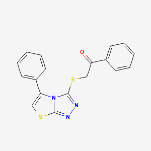 molecular formula C18H13N3OS2 B2687659 1-Phenyl-2-(5-phenyl-thiazolo[2,3-c][1,2,4]triazol-3-ylsulfanyl)-ethanone CAS No. 690961-61-6