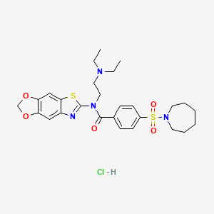 molecular formula C27H35ClN4O5S2 B2687834 N-([1,3]dioxolo[4',5':4,5]benzo[1,2-d]thiazol-6-yl)-4-(azepan-1-ylsulfonyl)-N-(2-(diethylamino)ethyl)benzamide hydrochloride CAS No. 1322023-84-6