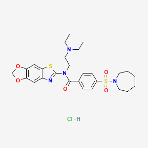 molecular formula C27H35ClN4O5S2 B2687834 4-(azepan-1-ylsulfonyl)-N-[2-(diethylamino)ethyl]-N-([1,3]dioxolo[4,5-f][1,3]benzothiazol-6-yl)benzamide;hydrochloride CAS No. 1322023-84-6