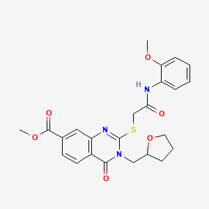 molecular formula C24H25N3O6S B2687851 Methyl 2-({2-[(2-methoxyphenyl)amino]-2-oxoethyl}thio)-4-oxo-3-(tetrahydrofuran-2-ylmethyl)-3,4-dihydroquinazoline-7-carboxylate CAS No. 443352-99-6