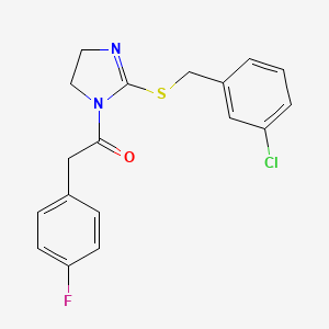 molecular formula C18H16ClFN2OS B2687916 1-[2-[(3-Chlorophenyl)methylsulfanyl]-4,5-dihydroimidazol-1-yl]-2-(4-fluorophenyl)ethanone CAS No. 851808-31-6