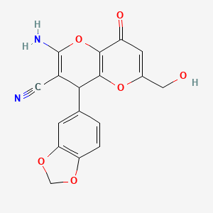 molecular formula C17H12N2O6 B2687943 2-Amino-4-(1,3-benzodioxol-5-yl)-6-(hydroxymethyl)-8-oxo-4,8-dihydropyrano[3,2-b]pyran-3-carbonitrile CAS No. 860648-63-1
