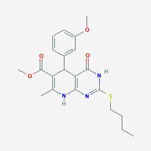 molecular formula C21H25N3O4S B2687984 Methyl 2-(butylthio)-5-(3-methoxyphenyl)-7-methyl-4-oxo-3,4,5,8-tetrahydropyrido[2,3-d]pyrimidine-6-carboxylate CAS No. 923195-08-8
