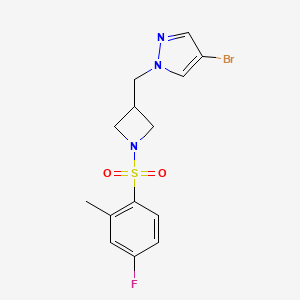 molecular formula C14H15BrFN3O2S B2688008 4-Bromo-1-[[1-(4-fluoro-2-methylphenyl)sulfonylazetidin-3-yl]methyl]pyrazole CAS No. 2415633-06-4