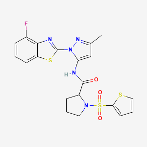 molecular formula C20H18FN5O3S3 B2688060 N-(1-(4-氟苯并噻唑-2-基)-3-甲基-1H-吡唑-5-基)-1-(噻吩-2-基磺酰基)吡咯啶-2-甲酰胺 CAS No. 1236210-36-8