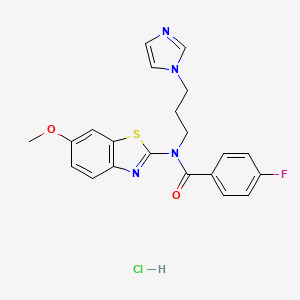 molecular formula C21H20ClFN4O2S B2688064 N-(3-(1H-imidazol-1-yl)propyl)-4-fluoro-N-(6-methoxybenzo[d]thiazol-2-yl)benzamide hydrochloride CAS No. 1216393-32-6