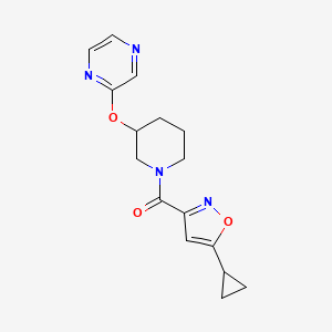 molecular formula C16H18N4O3 B2688083 (5-Cyclopropylisoxazol-3-yl)(3-(pyrazin-2-yloxy)piperidin-1-yl)methanone CAS No. 2034252-14-5