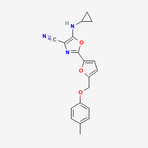 molecular formula C19H17N3O3 B2688169 5-(环丙基氨基)-2-(5-((对甲苯氧基)甲基)呋喃-2-基)噁唑-4-碳腈 CAS No. 931748-73-1