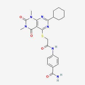 molecular formula C23H26N6O4S B2688174 4-(2-((2-Cyclohexyl-6,8-dimethyl-5,7-dioxo-5,6,7,8-tetrahydropyrimido[4,5-d]pyrimidin-4-yl)thio)acetamido)benzamide CAS No. 872621-55-1