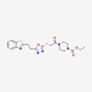 molecular formula C20H23N5O4S2 B2688181 Ethyl 4-(2-((5-(2-(benzo[d]thiazol-2-yl)ethyl)-1,3,4-oxadiazol-2-yl)thio)acetyl)piperazine-1-carboxylate CAS No. 1334374-09-2