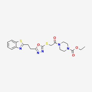 molecular formula C20H23N5O4S2 B2688181 乙酸-4-(2-((5-(2-(苯并[d]噻唑-2-基)乙基)-1,3,4-噁二唑-2-基)硫)乙酰基)哌嗪-1-甲酸酯 CAS No. 1334374-09-2