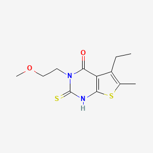 molecular formula C12H16N2O2S2 B2688187 5-ethyl-3-(2-methoxyethyl)-6-methyl-2-sulfanyl-3H,4H-thieno[2,3-d]pyrimidin-4-one CAS No. 743452-33-7