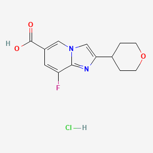molecular formula C13H14ClFN2O3 B2688206 8-氟-2-(氧杂环戊烷-4-基)咪唑并[1,2-a]吡啶-6-甲酸；盐酸盐 CAS No. 2460756-67-4