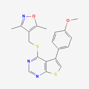 molecular formula C19H17N3O2S2 B2688259 4-(((5-(4-Methoxyphenyl)thieno[2,3-d]pyrimidin-4-yl)thio)methyl)-3,5-dimethylisoxazole CAS No. 690960-82-8