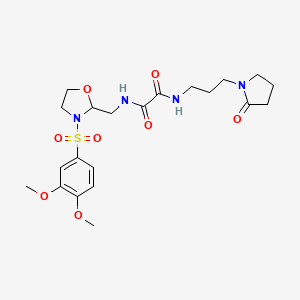 molecular formula C21H30N4O8S B2688284 N-{[3-(3,4-dimethoxybenzenesulfonyl)-1,3-oxazolidin-2-yl]methyl}-N'-[3-(2-oxopyrrolidin-1-yl)propyl]ethanediamide CAS No. 868983-34-0