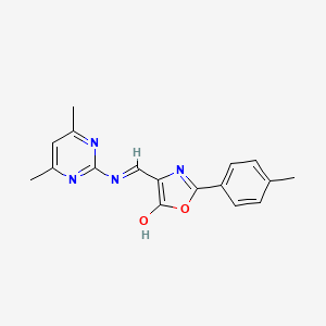 molecular formula C17H16N4O2 B2688292 4-{[(4,6-二甲基-2-嘧啶基)氨基]甲亚基}-2-(4-甲基苯基)-1,3-噁唑-5(4H)-酮 CAS No. 303998-87-0