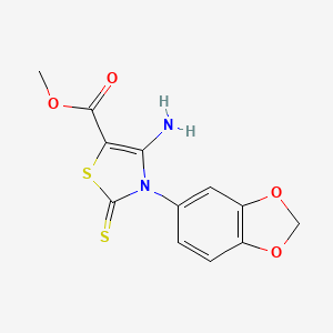 molecular formula C12H10N2O4S2 B2688311 甲基4-氨基-3-(1,3-苯并二氧杂环[5.5.1.0²,⁶.⁹]十一烷-5-基)-2-硫代-1,3-噻唑-5-羧酸甲酯 CAS No. 689772-68-7