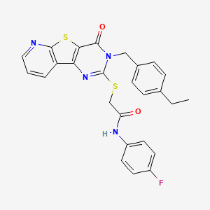 molecular formula C26H21FN4O2S2 B2688360 2-((3-(4-ethylbenzyl)-4-oxo-3,4-dihydropyrido[3',2':4,5]thieno[3,2-d]pyrimidin-2-yl)thio)-N-(4-fluorophenyl)acetamide CAS No. 1223995-85-4