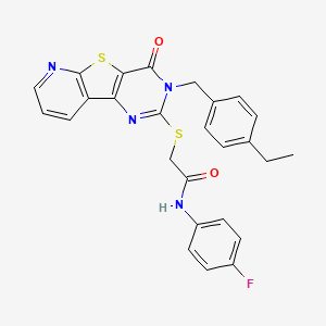 molecular formula C26H21FN4O2S2 B2688360 2-((3-(4-乙基苄基)-4-氧代-3,4-二氢吡啶并[3',2':4,5]噻吩并[3,2-d]嘧啶-2-基)硫代)-N-(4-氟苯基)乙酰胺 CAS No. 1223995-85-4