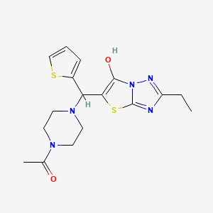 molecular formula C17H21N5O2S2 B2688495 1-(4-((2-Ethyl-6-hydroxythiazolo[3,2-b][1,2,4]triazol-5-yl)(thiophen-2-yl)methyl)piperazin-1-yl)ethanone CAS No. 886917-06-2