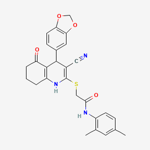 molecular formula C27H25N3O4S B2688535 2-{[4-(1,3-benzodioxol-5-yl)-3-cyano-5-hydroxy-4,6,7,8-tetrahydroquinolin-2-yl]sulfanyl}-N-(2,4-dimethylphenyl)acetamide CAS No. 383894-47-1