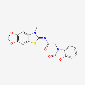 molecular formula C18H13N3O5S B2688570 (E)-N-(7-甲基-[1,3]二噁噻-6(7H)-基亚)-2-(2-氧基苯并[d]噻唑-3(2H)-基)乙酰胺 CAS No. 1173634-62-2