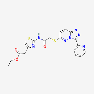 molecular formula C19H17N7O3S2 B2688677 Ethyl 2-(2-(2-((3-(pyridin-2-yl)-[1,2,4]triazolo[4,3-b]pyridazin-6-yl)thio)acetamido)thiazol-4-yl)acetate CAS No. 1207058-53-4