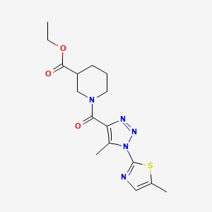 molecular formula C16H21N5O3S B2688693 ethyl 1-(5-methyl-1-(5-methylthiazol-2-yl)-1H-1,2,3-triazole-4-carbonyl)piperidine-3-carboxylate CAS No. 1257550-86-9