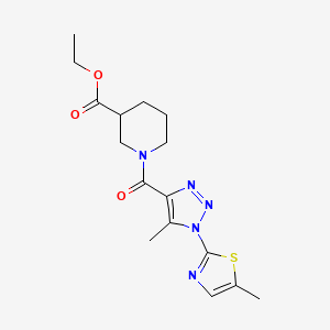 molecular formula C16H21N5O3S B2688693 乙酸1-(5-甲基-1-(5-甲基噻唑-2-基)-1H-1,2,3-三唑-4-甲酰)哌啶-3-甲酸乙酯 CAS No. 1257550-86-9