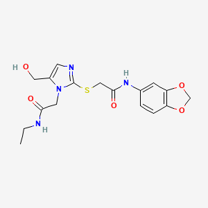 molecular formula C17H20N4O5S B2688772 N-(benzo[d][1,3]dioxol-5-yl)-2-((1-(2-(ethylamino)-2-oxoethyl)-5-(hydroxymethyl)-1H-imidazol-2-yl)thio)acetamide CAS No. 921866-11-7