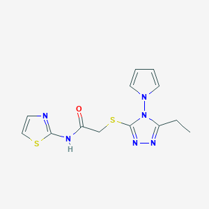 molecular formula C13H14N6OS2 B2688775 2-[(5-ethyl-4-pyrrol-1-yl-1,2,4-triazol-3-yl)sulfanyl]-N-(1,3-thiazol-2-yl)acetamide CAS No. 896298-02-5