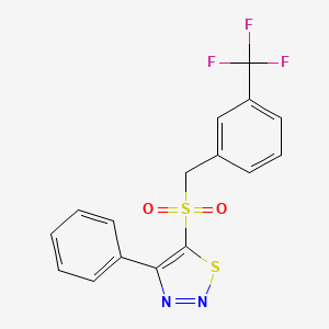 molecular formula C16H11F3N2O2S2 B2688816 4-Phenyl-5-{[3-(trifluoromethyl)benzyl]sulfonyl}-1,2,3-thiadiazole CAS No. 338398-50-8