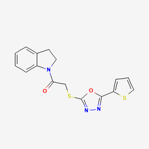 molecular formula C16H13N3O2S2 B2688820 1-(Indolin-1-yl)-2-((5-(thiophen-2-yl)-1,3,4-oxadiazol-2-yl)thio)ethanone CAS No. 460724-11-2