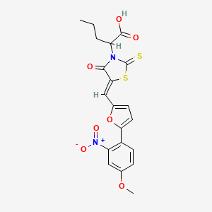 molecular formula C20H18N2O7S2 B2688852 (Z)-2-(5-((5-(4-methoxy-2-nitrophenyl)furan-2-yl)methylene)-4-oxo-2-thioxothiazolidin-3-yl)pentanoic acid CAS No. 875286-36-5