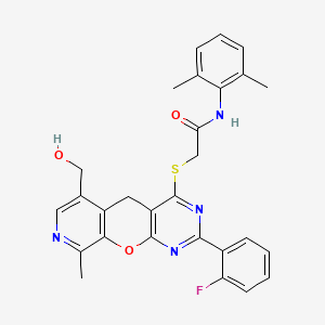 molecular formula C28H25FN4O3S B2688887 N-(2,6-dimethylphenyl)-2-((2-(2-fluorophenyl)-6-(hydroxymethyl)-9-methyl-5H-pyrido[4',3':5,6]pyrano[2,3-d]pyrimidin-4-yl)thio)acetamide CAS No. 892386-12-8