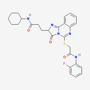 molecular formula C27H28FN5O3S B2688889 N-环己基-3-[5-({[(2-氟苯基)羰基]甲基}硫基)-3-氧代-2H,3H-咪唑并[1,2-c]喹唑啉-2-基]丙酰胺 CAS No. 1093808-18-4