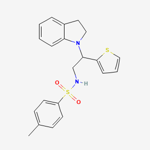 molecular formula C21H22N2O2S2 B2688906 N-(2-(indolin-1-yl)-2-(thiophen-2-yl)ethyl)-4-methylbenzenesulfonamide CAS No. 898452-04-5