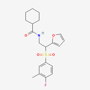 molecular formula C20H24FNO4S B2688911 N-(2-((4-fluoro-3-methylphenyl)sulfonyl)-2-(furan-2-yl)ethyl)cyclohexanecarboxamide CAS No. 946265-24-3
